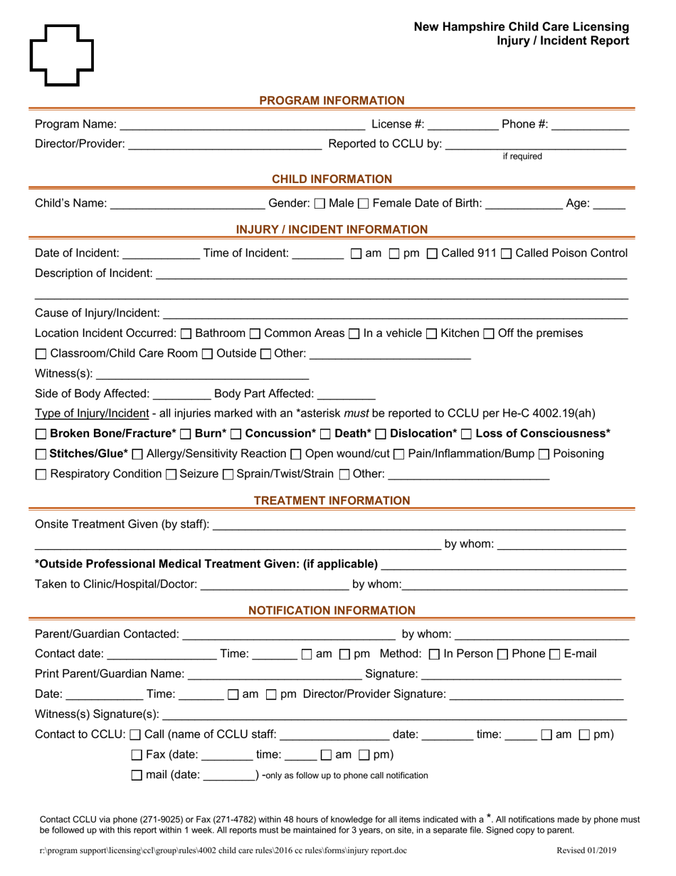 Injury / Incident Report - New Hampshire, Page 1