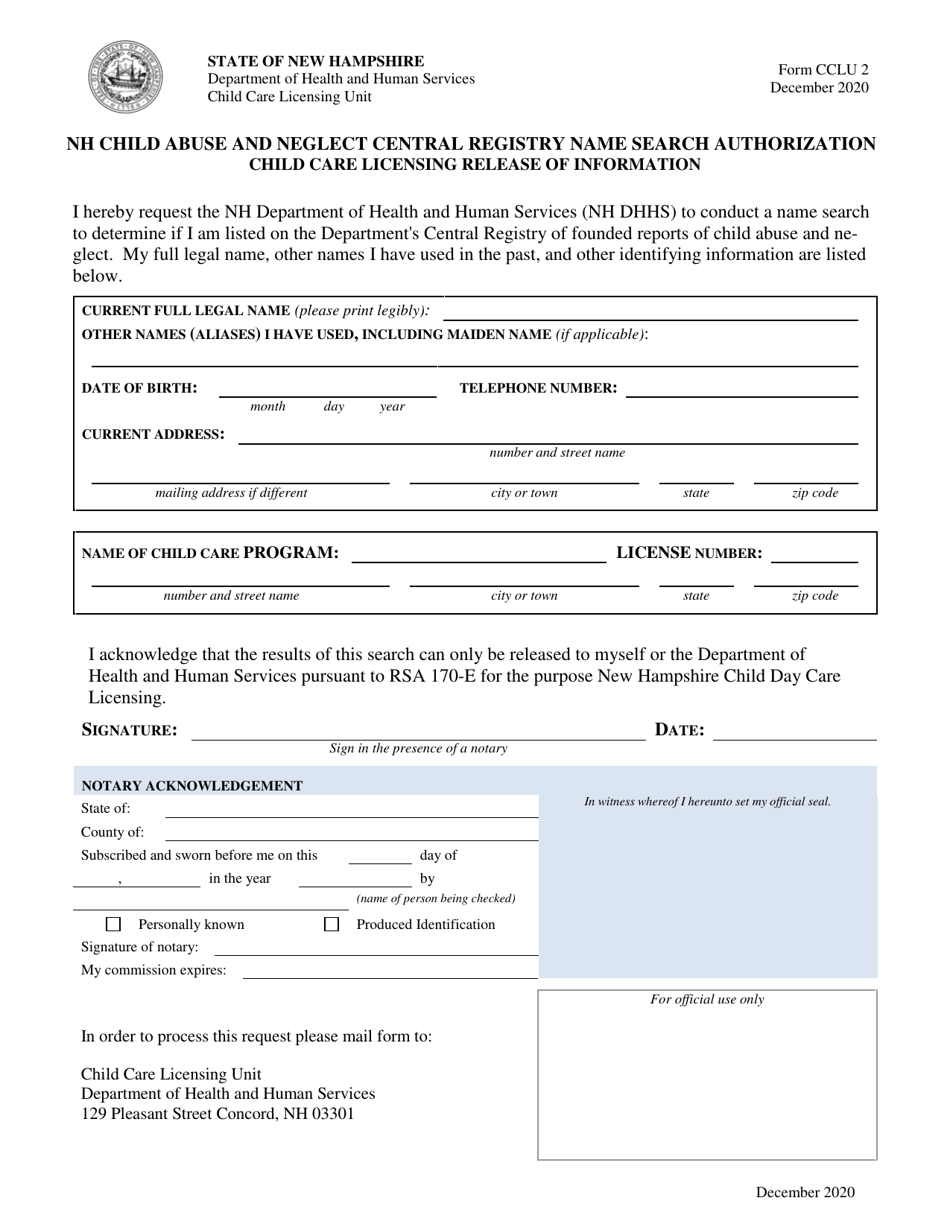 Form CCLU2 Nh Child Abuse and Neglect Central Registry Name Search Authorization - New Hampshire, Page 1