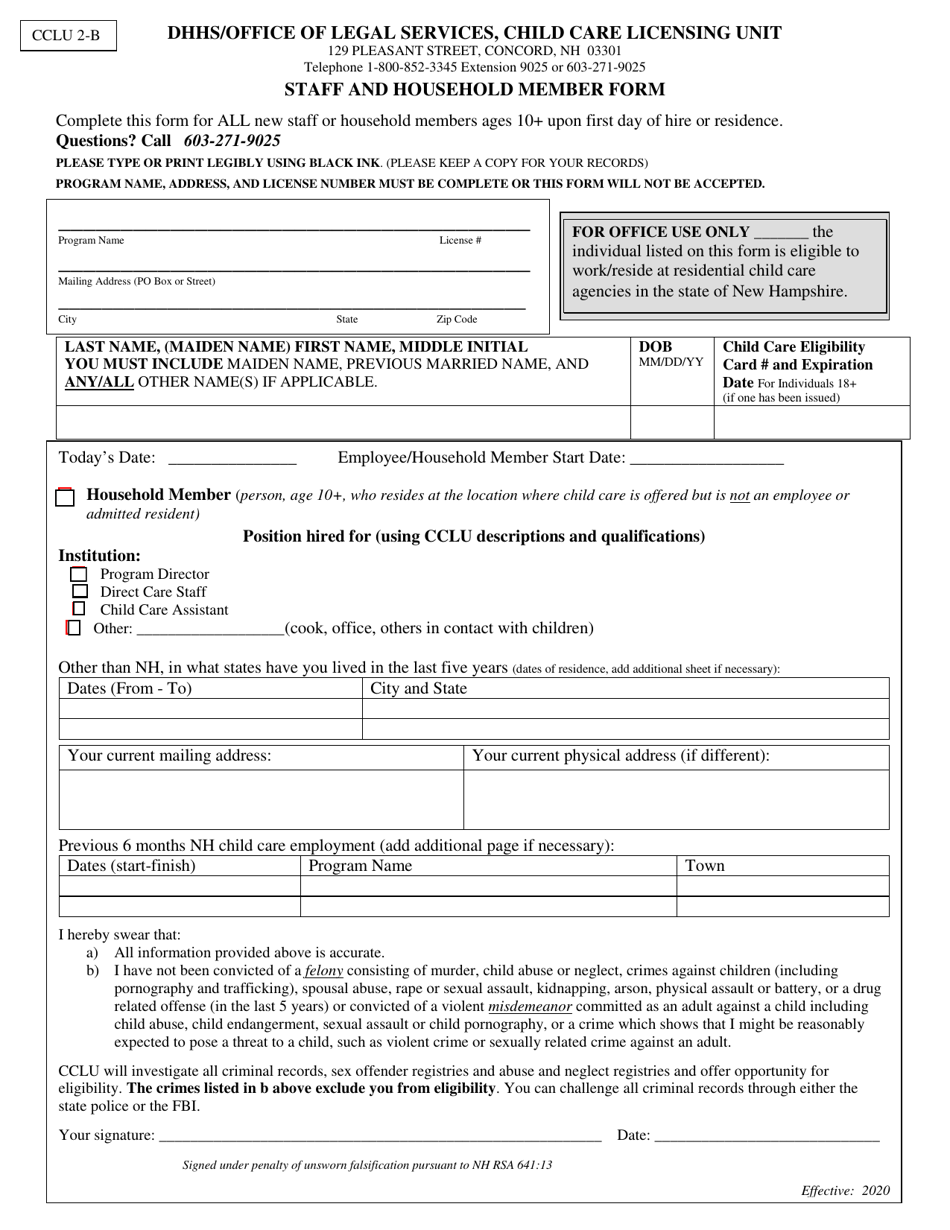 Form CCLU2-B Staff and Household Member Form - New Hampshire, Page 1