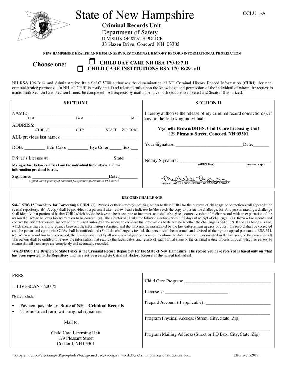 Form CCLU1-A New Hampshire Health and Human Services Criminal History Record Information Authorization - New Hampshire, Page 1