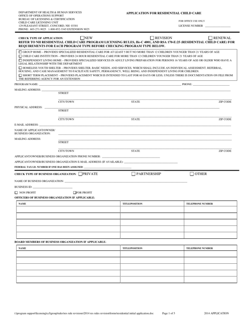 Application for Residential Child Care - New Hampshire