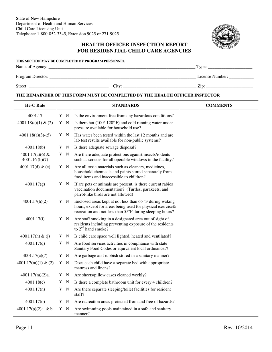 Health Officer Inspection Report for Residential Child Care Agencies - New Hampshire, Page 1