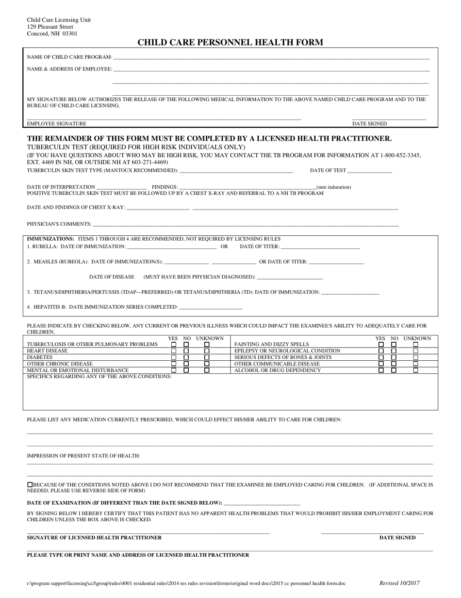 Child Care Personnel Health Form - New Hampshire, Page 1