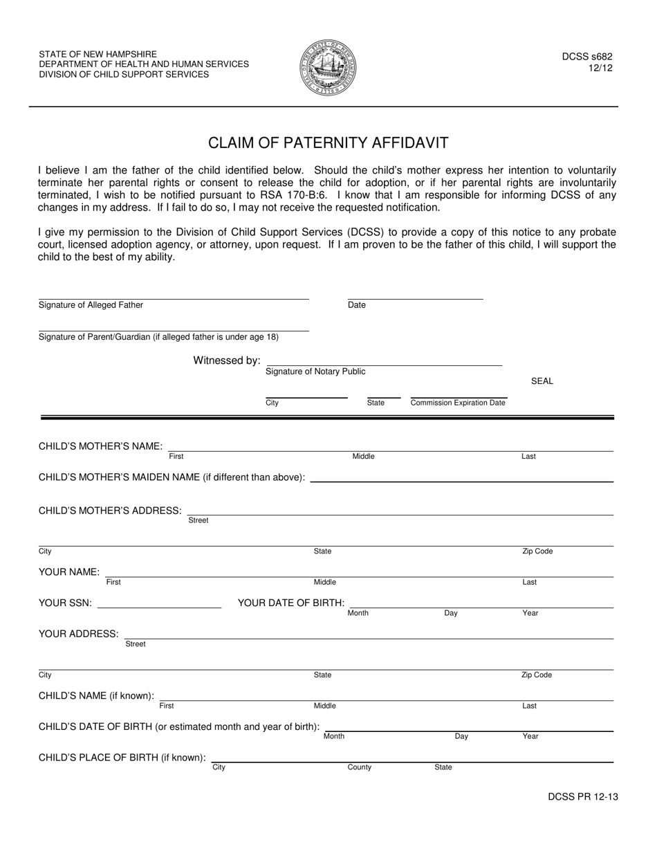 Form DCSS s682 Claim of Paternity Affidavit - New Hampshire, Page 1