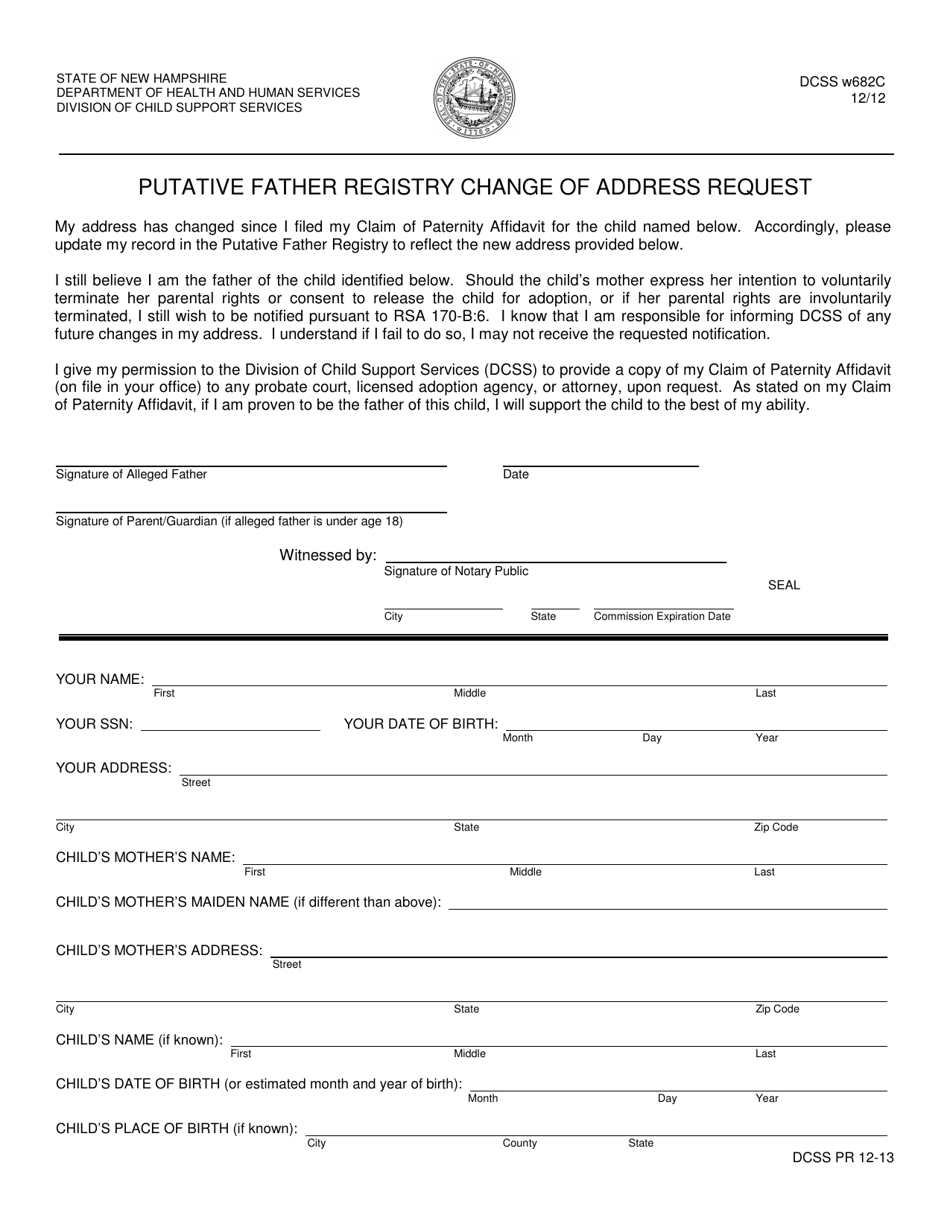 Form DCSS w682C Putative Father Registry Change of Address Request - New Hampshire, Page 1