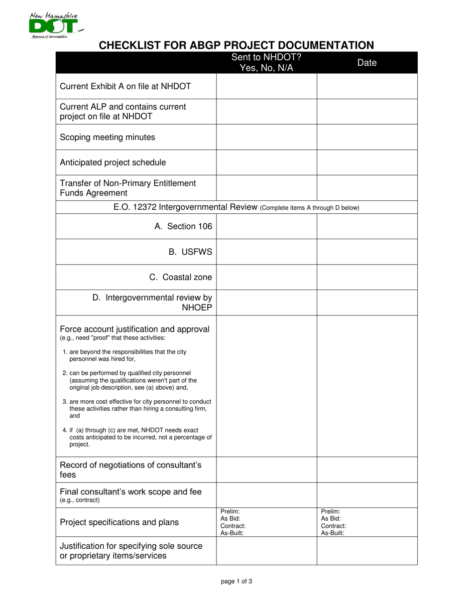 Checklist for Abgp Project Documentation - New Hampshire, Page 1