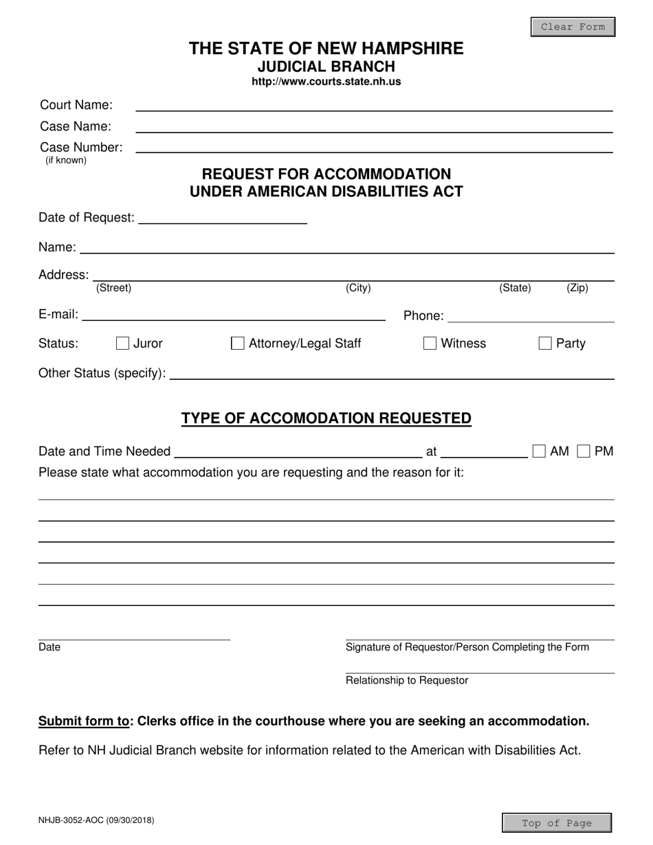 Form NHJB-3052-AOC Request for Accommodation Under American Disabilities Act - New Hampshire, Page 1
