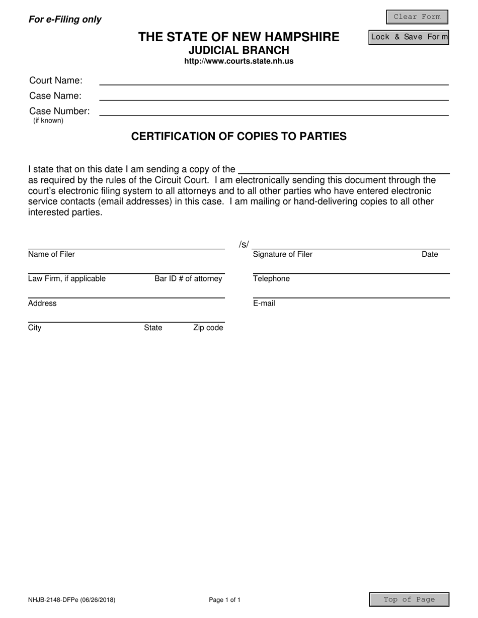 Form NHJB-2148-DFPE Certification of Copies to Parties - New Hampshire, Page 1