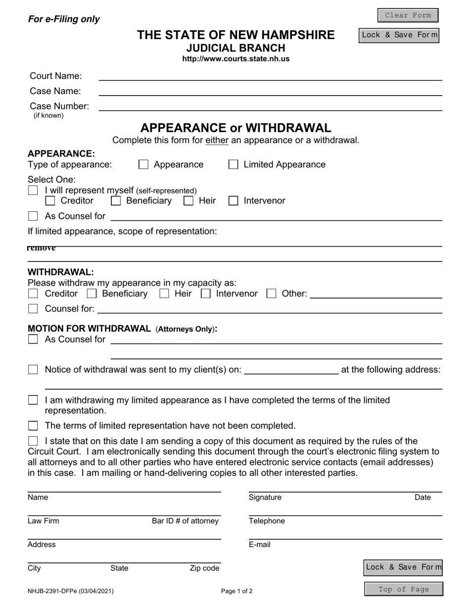 Form NHJB-2391-DFPE Appearance or Withdrawal - New Hampshire, Page 1