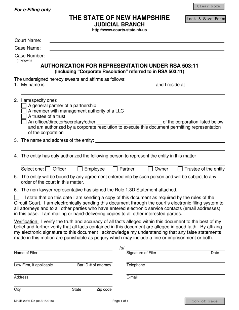 Form NHJB-2936-DE Authorization for Representation Under Rsa 503:11 - New Hampshire, Page 1