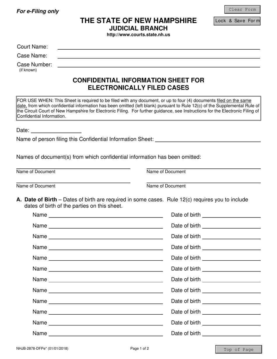 Form NHJB-2878-DFPE Confidential Information Sheet for Electronically Filed Cases - New Hampshire, Page 1