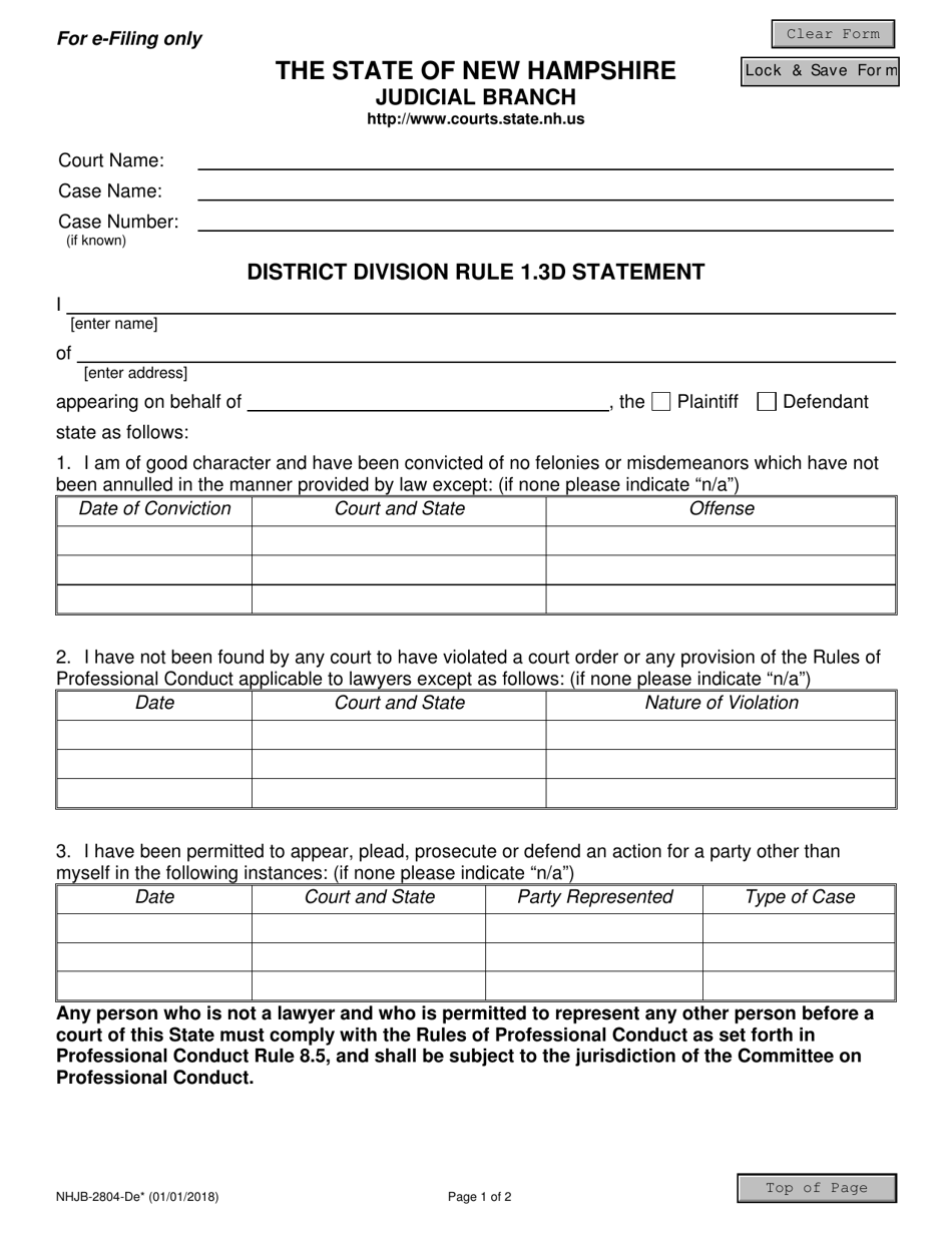 Form NHJB-2804-DE District Division Rule 1.3d Statement - New Hampshire, Page 1