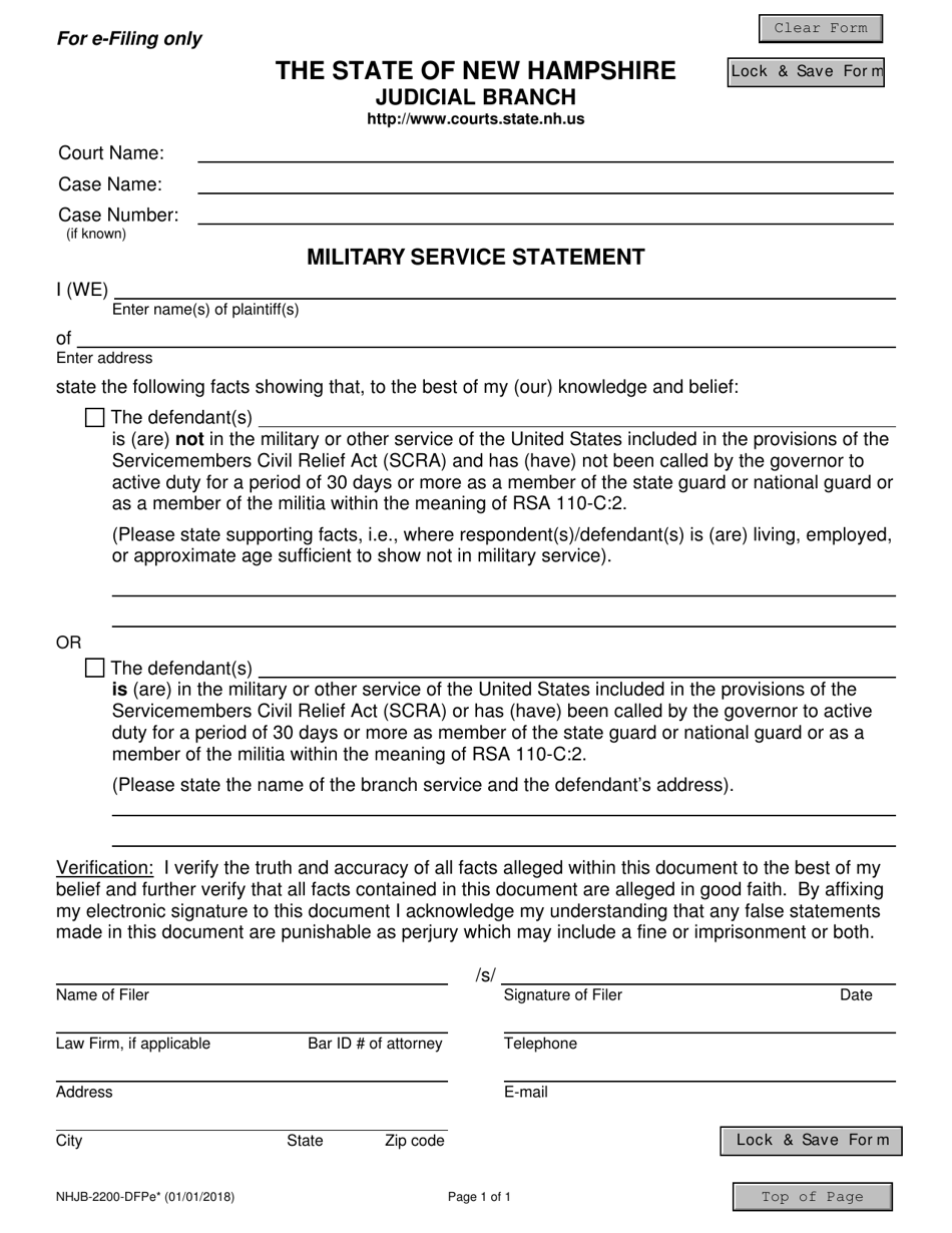 Form NHJB-2200-DFPE Military Service Statement - New Hampshire, Page 1