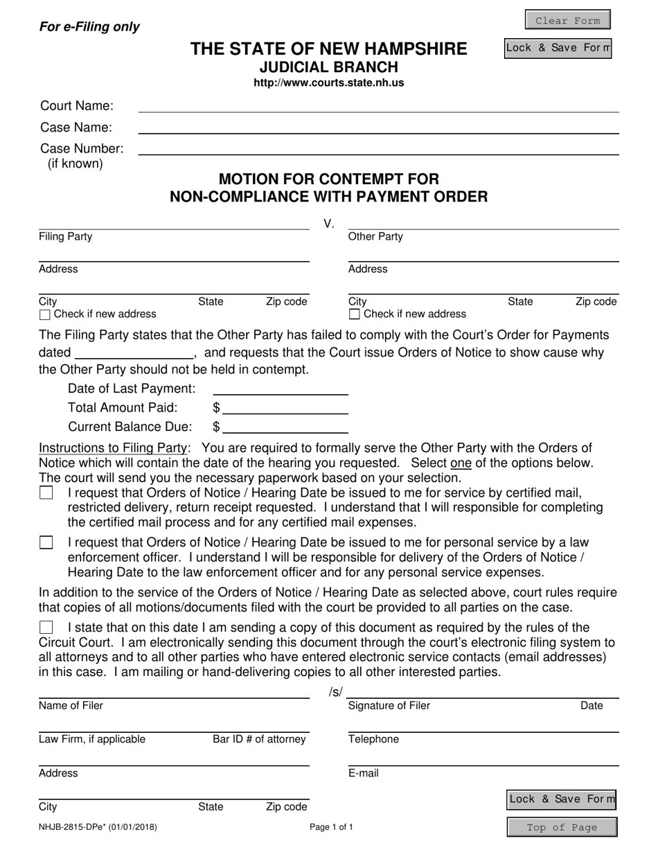 Form NHJB-2815-DPE Motion for Contempt for Non-compliance With Payment Order - New Hampshire, Page 1