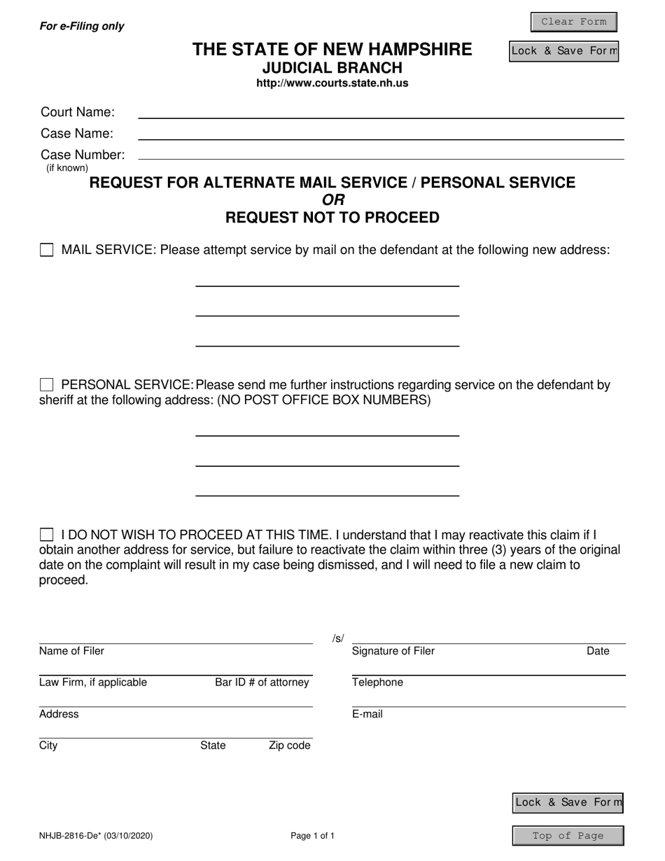 Form NHJB-2816-DE Request for Alternate Mail Service/Personal Service or Request Not to Proceed - New Hampshire, Page 1