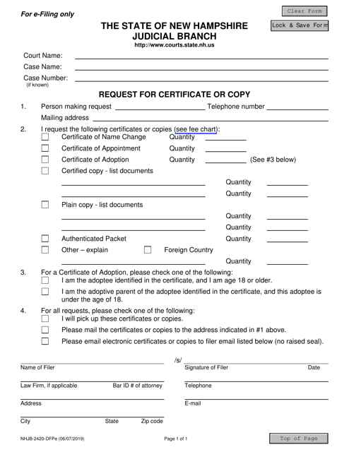 Form NHJB-2420-DFPE Request for Certificate or Copy - New Hampshire