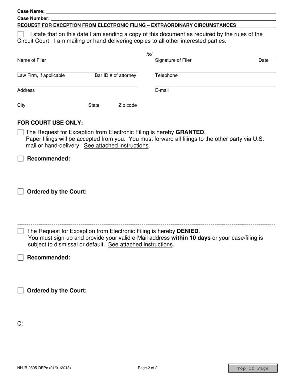 Form NHJB-2895-DFPE Request / Motion for Exception From Electronic Filing Due to Extraordinary Circumstances - New Hampshire, Page 2