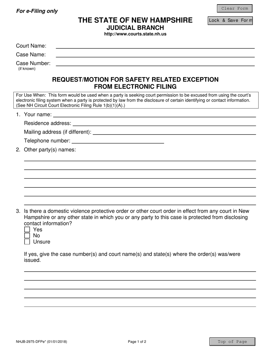 Form NHJB-2975-DFPE Request / Motion for Safety Related Exception From Electronic Filing - New Hampshire, Page 1