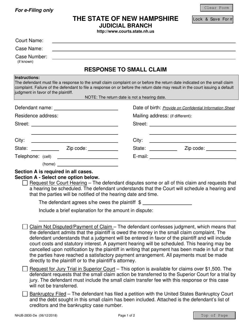Form NHJB-2830-DE Response to Small Claim - New Hampshire, Page 1