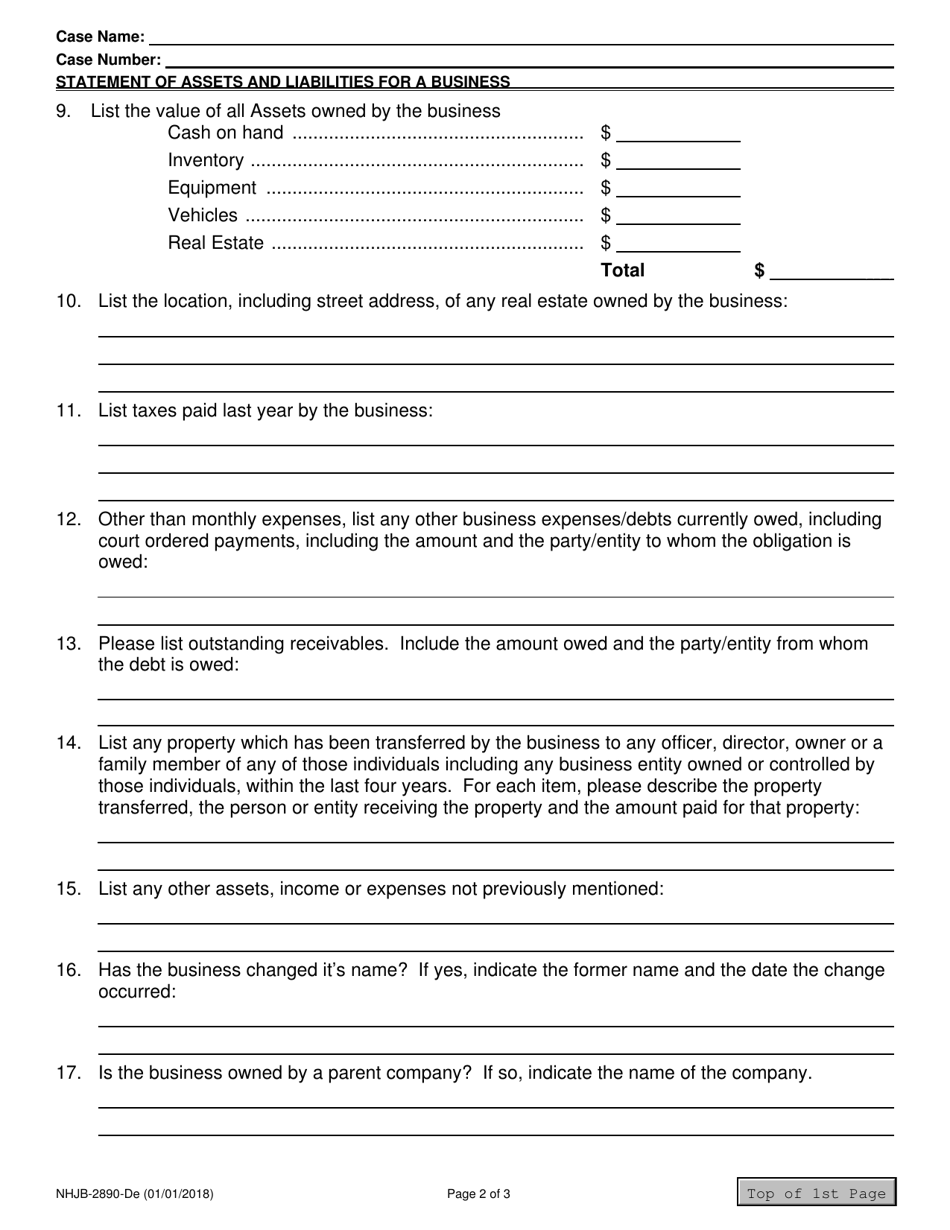 Form NHJB-2890-DE Statement of Assets and Liabilities for a Business - New Hampshire, Page 2