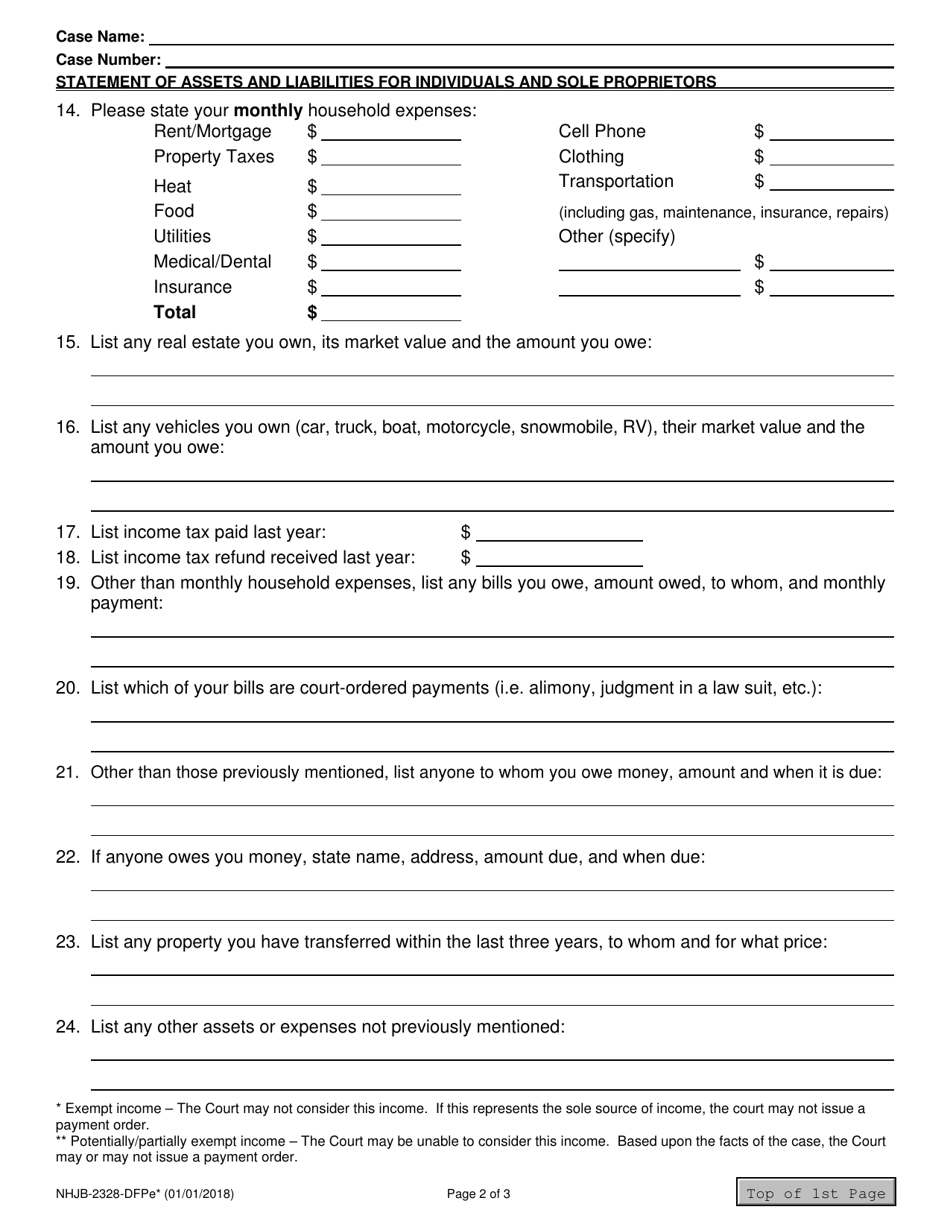 Form NHJB-2328-DFPE Statement of Assets and Liabilities for Individuals and Sole Proprietors - New Hampshire, Page 2