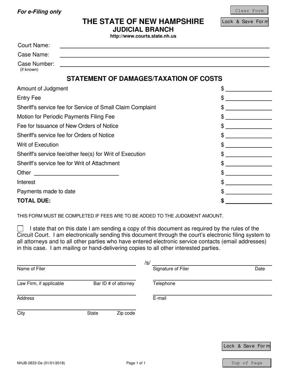 Form NHJB-2833-DE Statement of Damages / Taxation of Costs - New Hampshire, Page 1