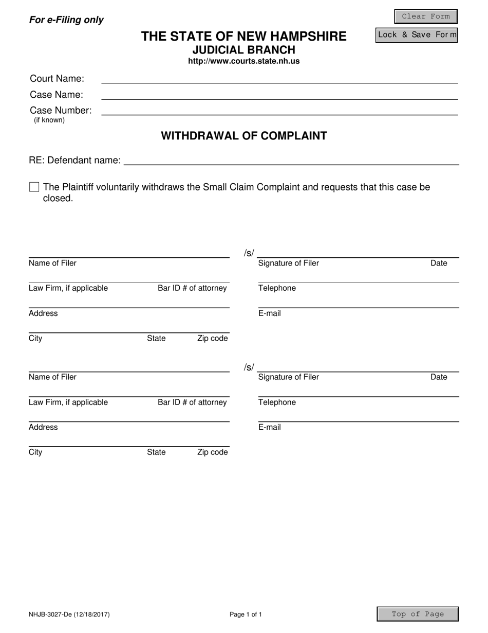 Form NHJB-3027-DE Withdrawal of Complaint - New Hampshire, Page 1
