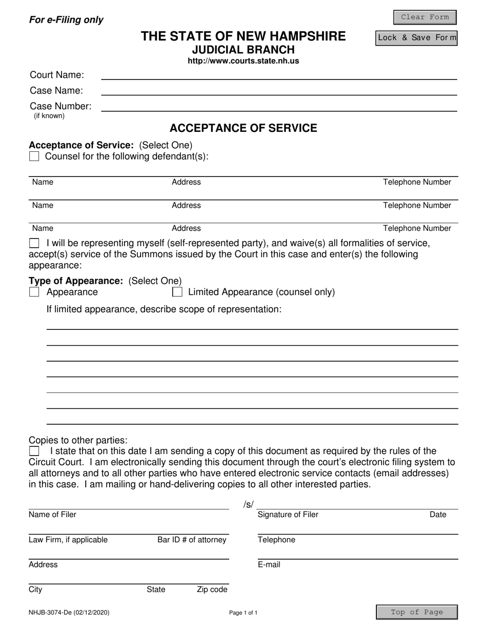 Form NHJB-3074-DE Acceptance of Service - New Hampshire, Page 1