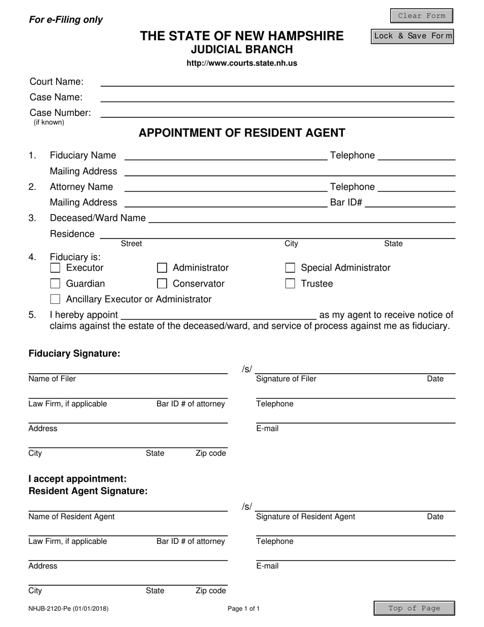 Form NHJB-2120-PE Appointment of Resident Agent - New Hampshire, Page 1