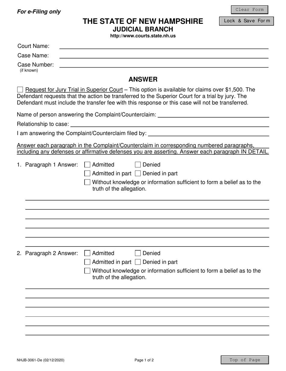 Form NHJB-3061-DE Answer - New Hampshire, Page 1