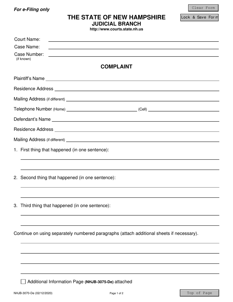 Form NHJB-3070-DE Complaint - New Hampshire, Page 1