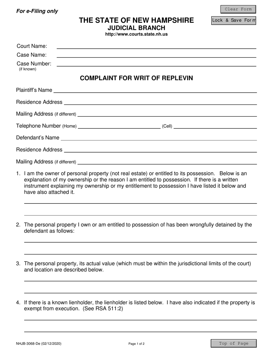 Form NHJB-3068-DE Complaint for Writ of Replevin - New Hampshire, Page 1