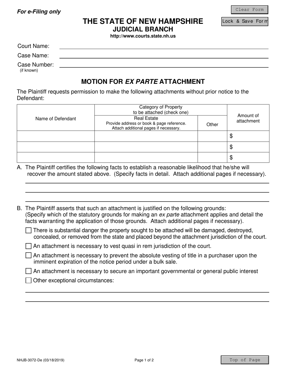 Form NHJB-3072-DE Motion for Ex Parte Attachment - New Hampshire, Page 1