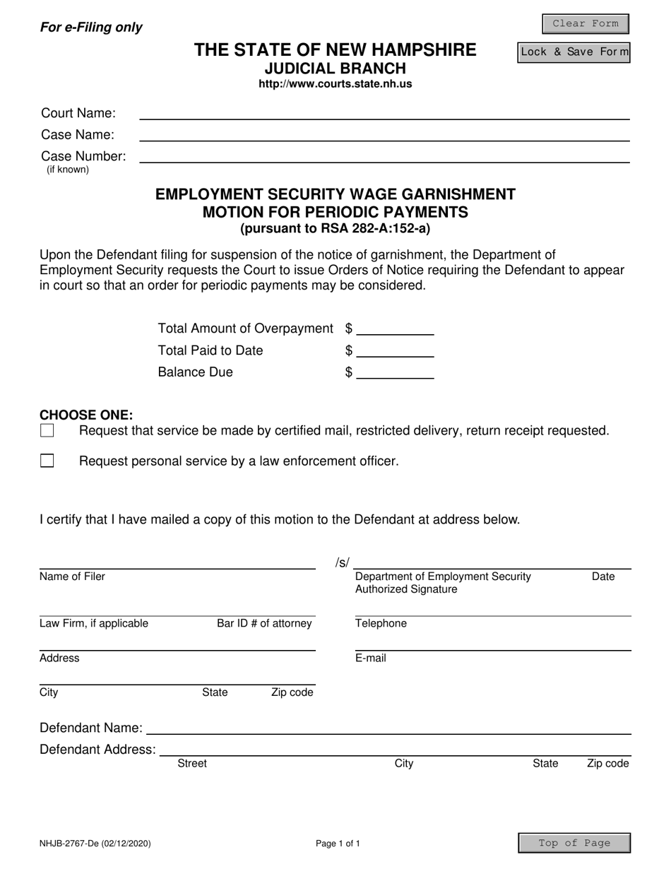 Form NHJB-2767-DE Employment Security Wage Garnishment Motion for Periodic Payments - New Hampshire, Page 1