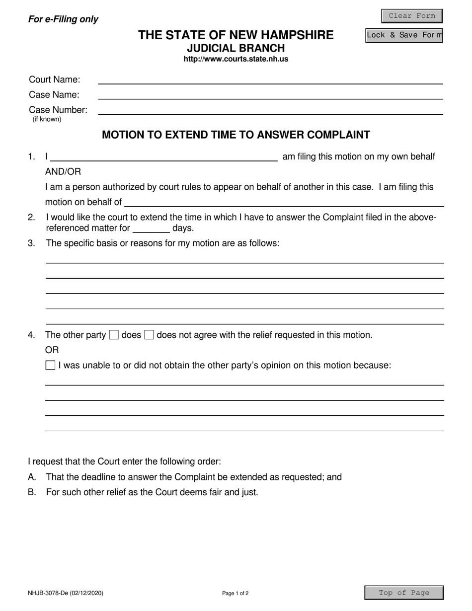 Form NHJB-3078-DE Motion to Extend Time to Answer Complaint - New Hampshire, Page 1