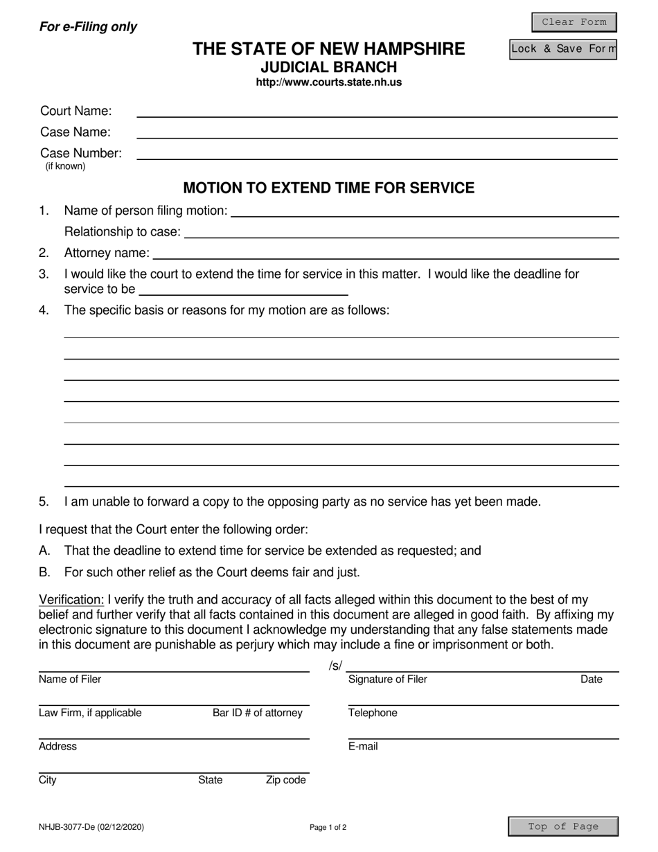 Form NHJB-3077-DE Motion to Extend Time for Service - New Hampshire, Page 1