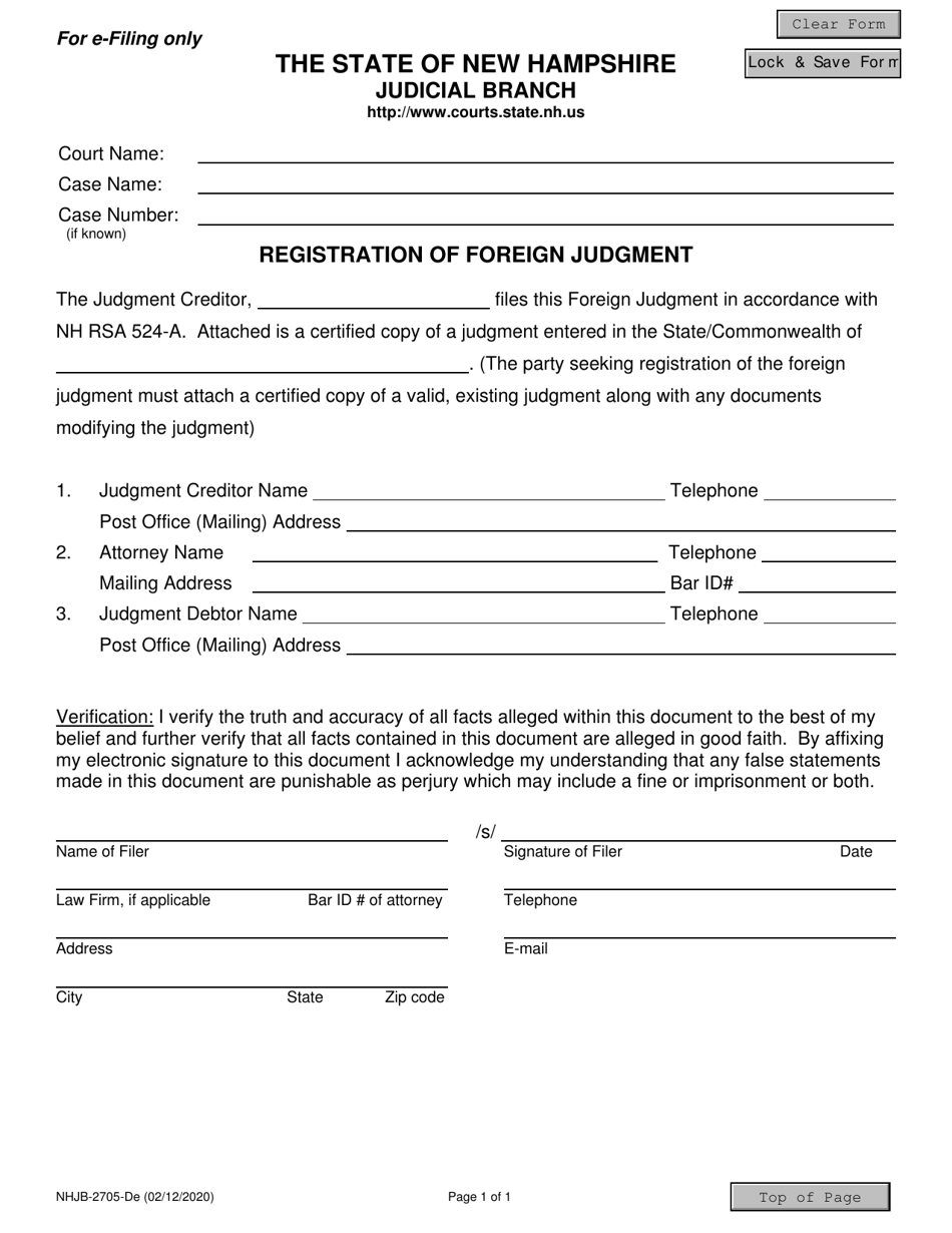 Form NHJB-2705-DE Registration of Foreign Judgment - New Hampshire, Page 1