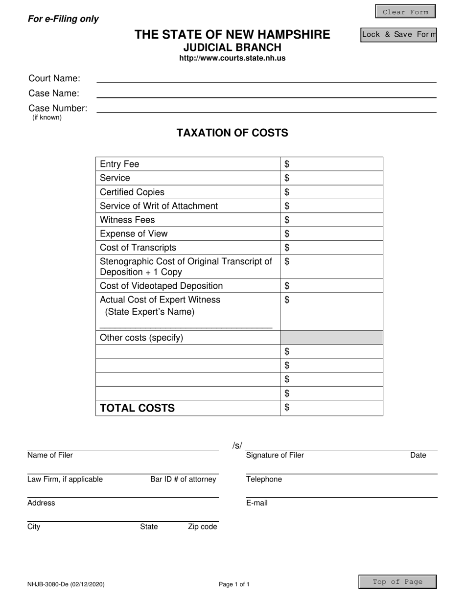 Form NHJB-3080-DE Taxation of Costs - New Hampshire, Page 1