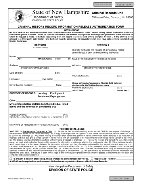 Form NHJB-2956-FPE Division of State Police Criminal Record Release Authorization Form - New Hampshire