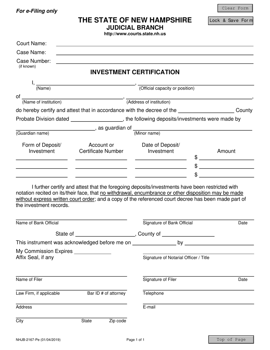 Form NHJB-2167-PE Investment Certification - New Hampshire, Page 1