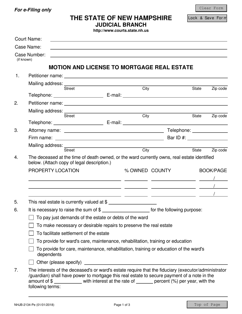 Form NHJB-2134-PE Motion and License to Mortgage Real Estate - New Hampshire, Page 1