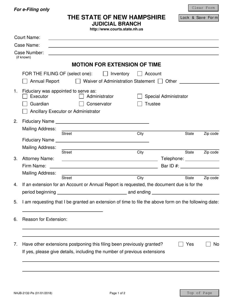 Form NHJB-2132-PE Motion for Extension of Time - New Hampshire, Page 1