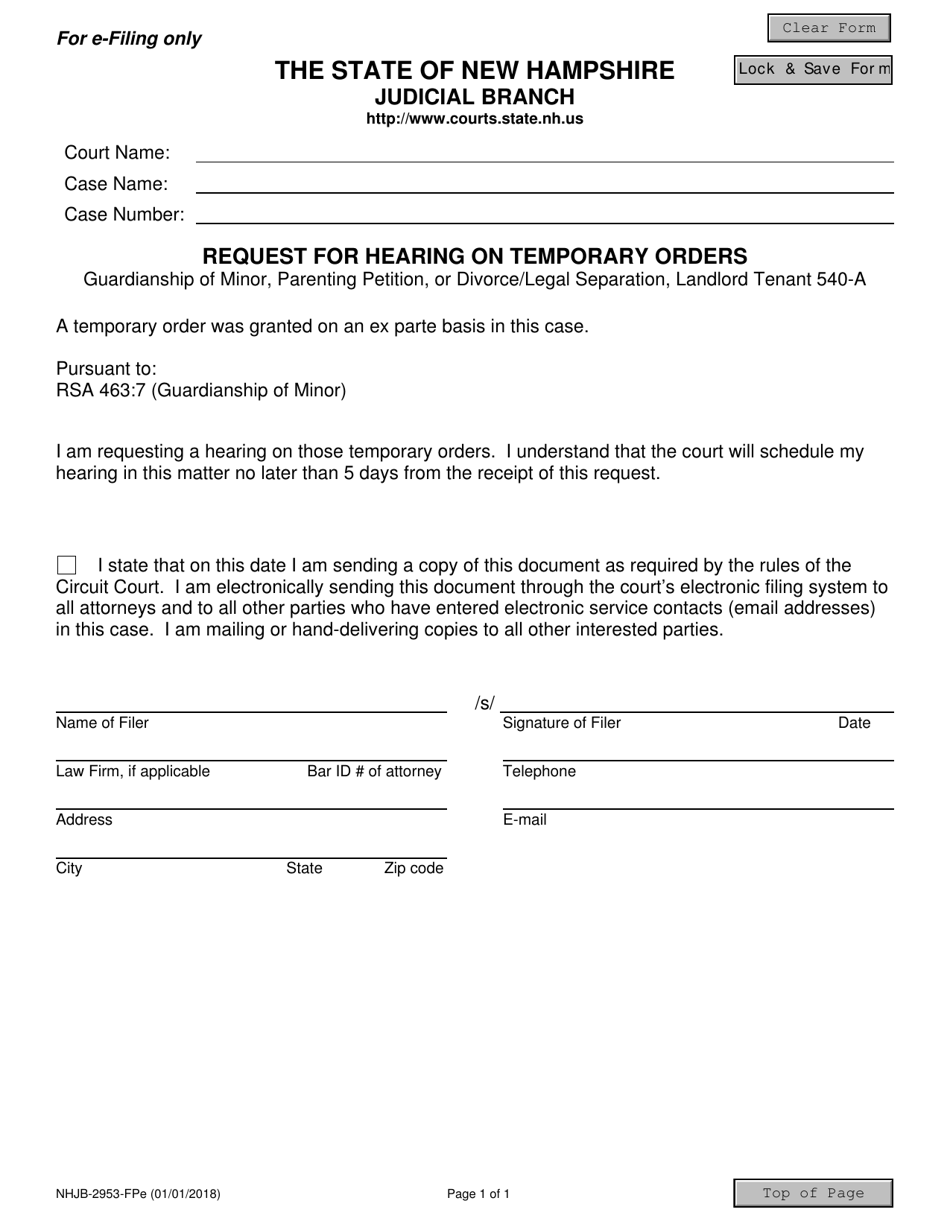 Form NHJB-2953-FPE Request for Hearing on Temporary Orders - New Hampshire, Page 1