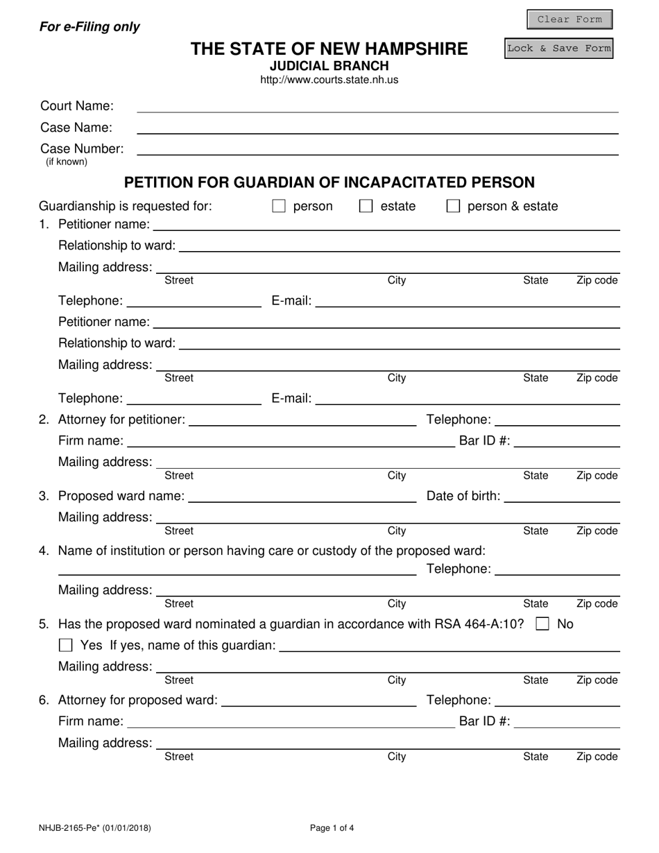 Form NHJB-2165-PE Petition for Guardian of Incapacitated Person - New Hampshire, Page 1