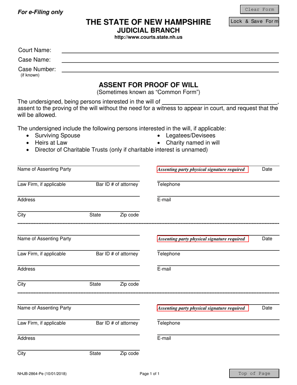 Form NHJB-2864-PE Assent for Proof of Will - New Hampshire, Page 1