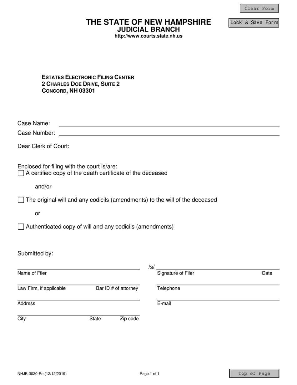 Form NHJB-3020-PE Cover Letter for Death Certificate or Original Will - New Hampshire, Page 1