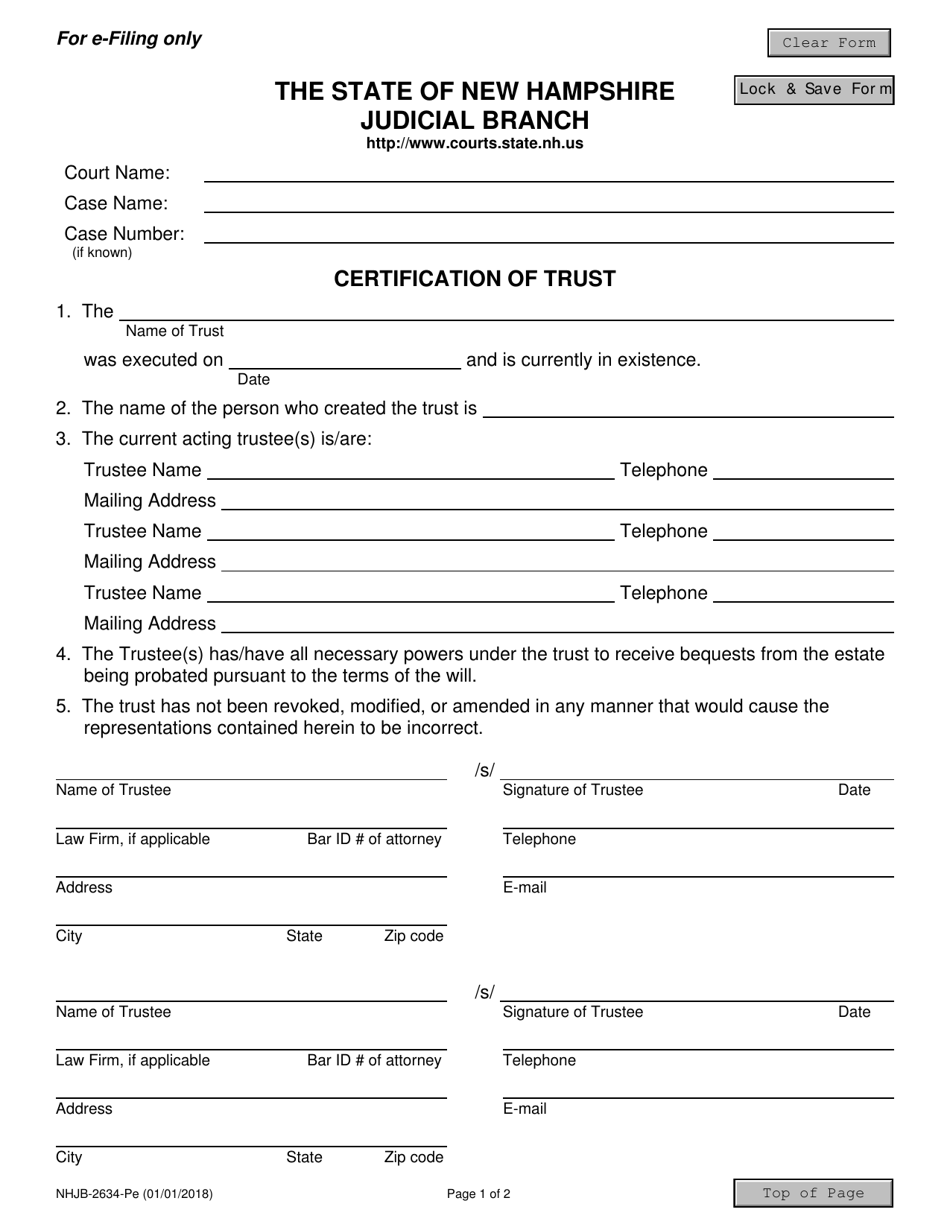 Form NHJB-2634-PE Certification of Trust - New Hampshire, Page 1