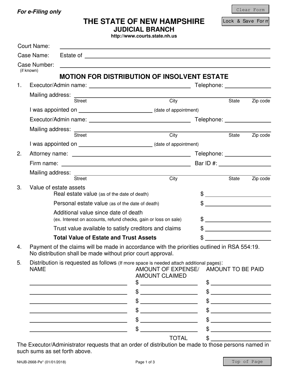 Form NHJB-2668-PE Motion for Distribution of Insolvent Estate - New Hampshire, Page 1