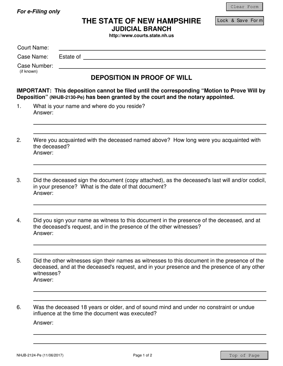 Form NHJB-2124-PE Deposition in Proof of Will - New Hampshire, Page 1