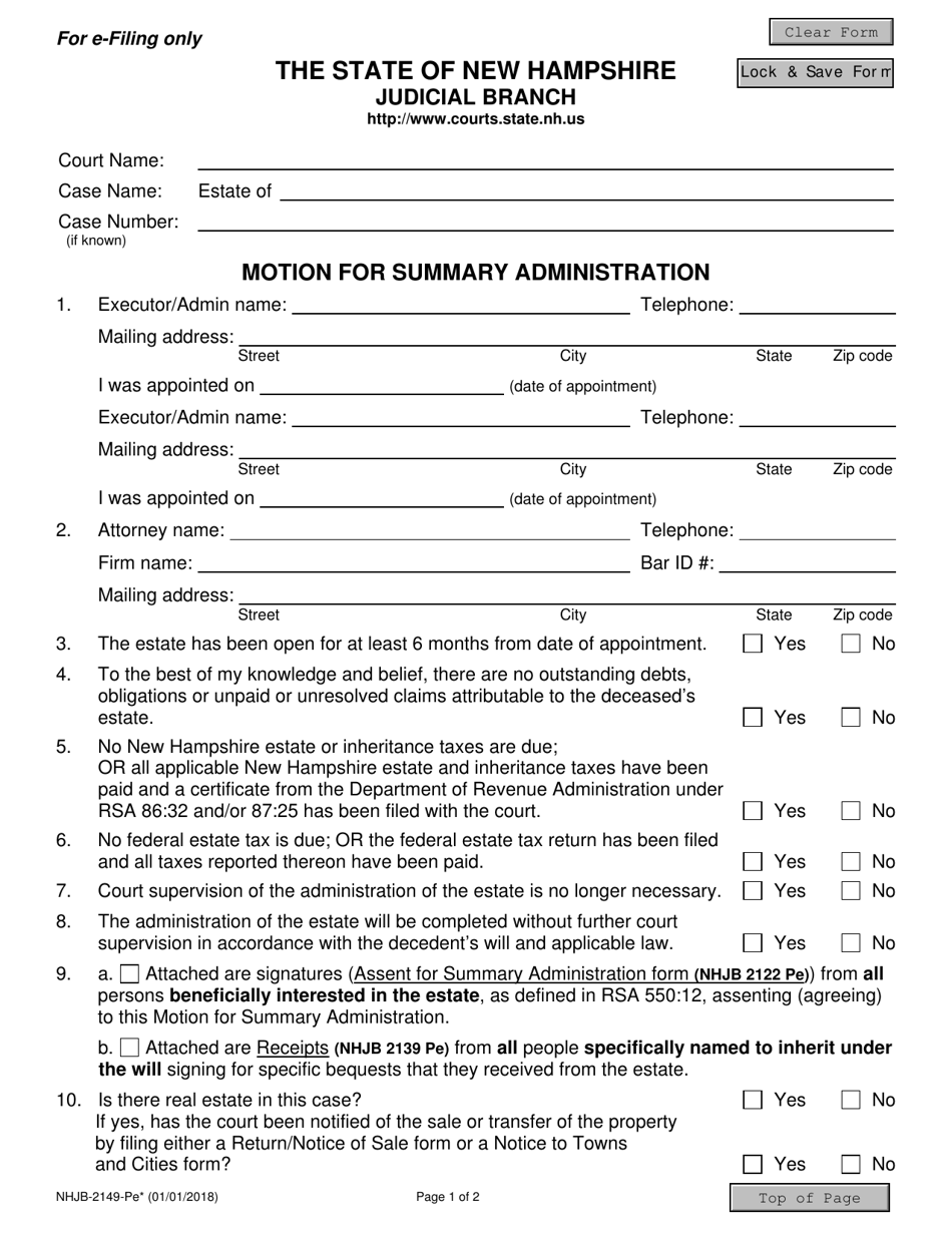 Form NHJB-2149-PE Motion for Summary Administration - New Hampshire, Page 1